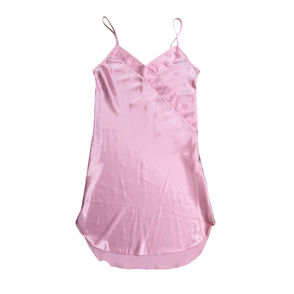 Vintage Pink Satin Slip mini Dress Chemise Nightie Petite V-Neck 90s sexy‎